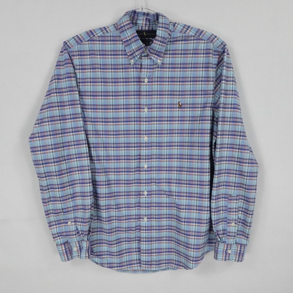 Ralph Lauren Shirt Mens Large Blue Plaid Slim Fit Preppy Casual‎ Business Office